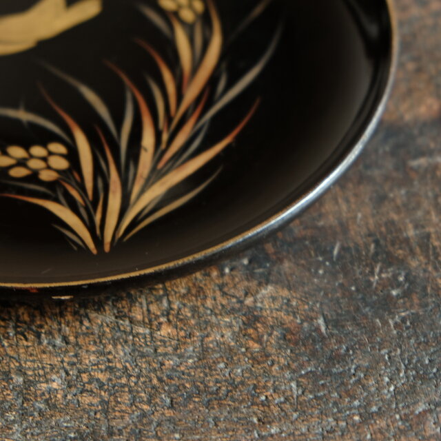 特価¥1500→¥950】鳥と稲穂◇味のあるお品物。時代物 漆芸蒔絵中皿