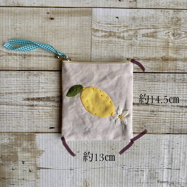 大人かわいい手刺繍レモンのポケットティッシュサイズポーチ 国産帆布