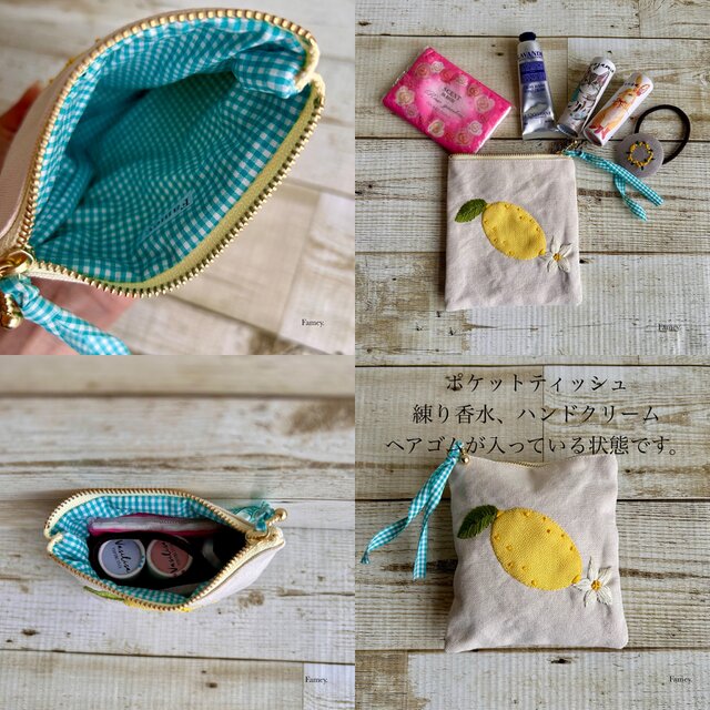 【LUDLOW】　レモン♡ベージュ　ポーチ 大人かわいい手刺繍レモンのポケットティッシュサイズポーチ 国産帆布