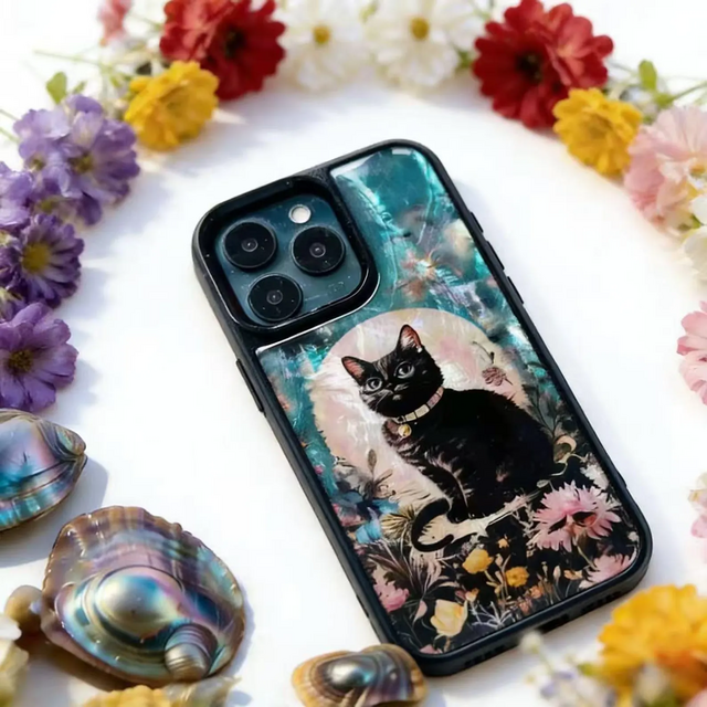 iPhone17 16 15 14 13対応 黒猫 iPhoneケース 螺鈿風 天然貝シェル 花