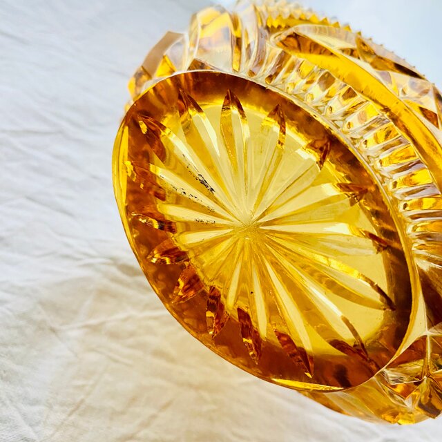 ヴィンテージチェコボヘミアングラスアンバーエッチング＆ゴールドインテリアボウル Vintage Bohemian Glass⋆༶⠜ヴィンテージ ボヘミアグラス アンバー色