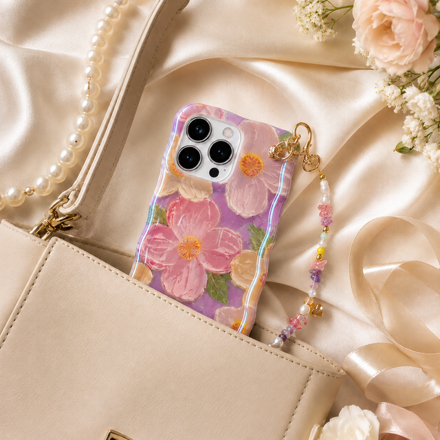 iPhoneケース 花柄 ビーズハンドストラップ付き スマホケース 落下防止