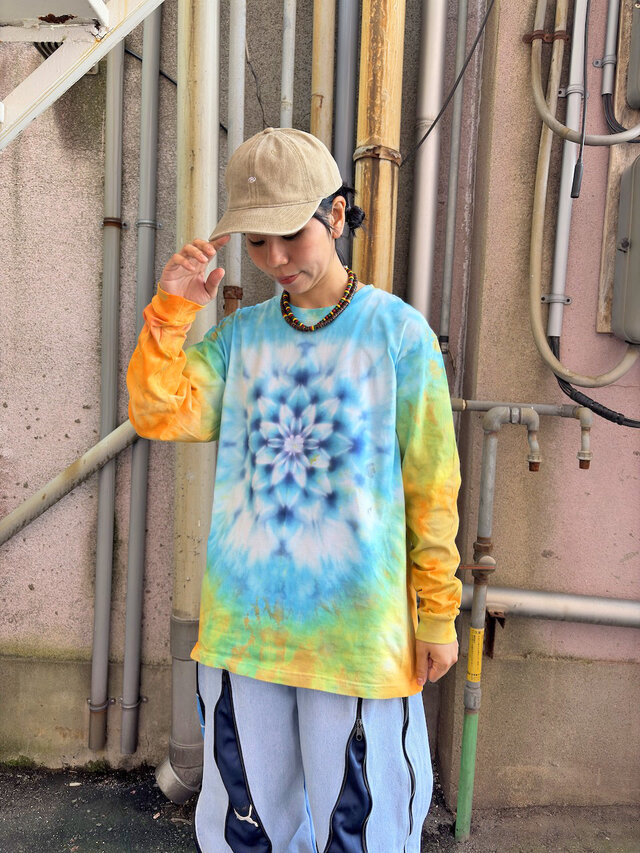 タイダイ 長袖 Tシャツ Lサイズ 曼荼羅模様 ブルー×オレンジ HD25-65