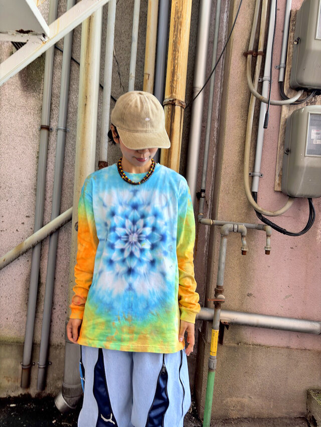 タイダイ 長袖 Tシャツ Lサイズ 曼荼羅模様 ブルー×オレンジ HD25-65