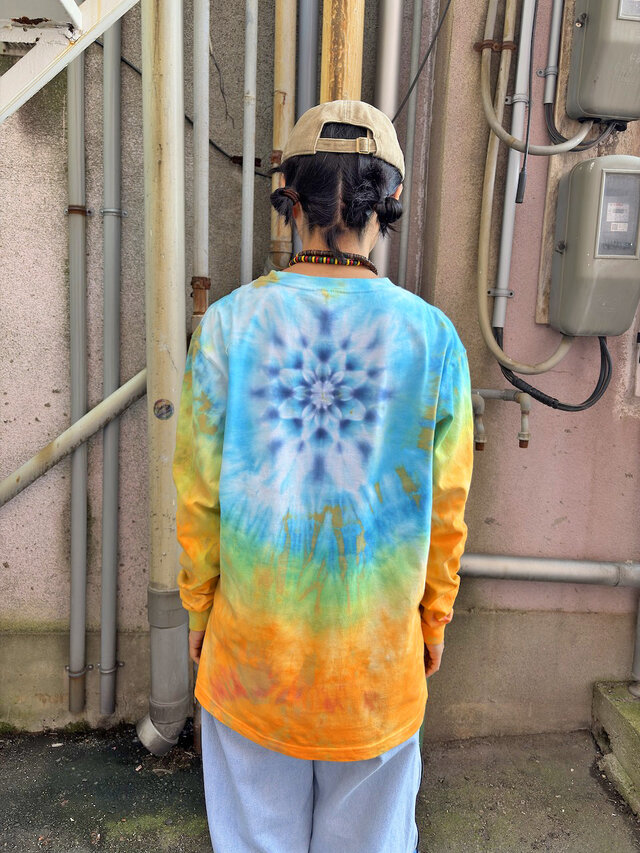 タイダイ 長袖 Tシャツ Lサイズ 曼荼羅模様 ブルー×オレンジ HD25-65