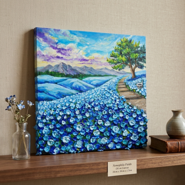 世界に一枚】青の輝きを描く油彩画「幸せを運ぶ青い丘」北欧風