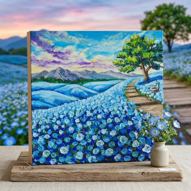 世界に一枚】青の輝きを描く油彩画「幸せを運ぶ青い丘」北欧風