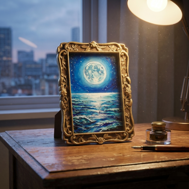 油絵 原画『海を照らす蒼き満月』ミニ絵画 ｜ 月 夜空 風景画