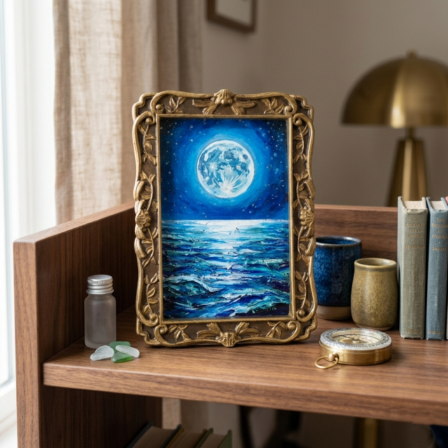 油絵 原画『海を照らす蒼き満月』ミニ絵画 ｜ 月 夜空 風景画
