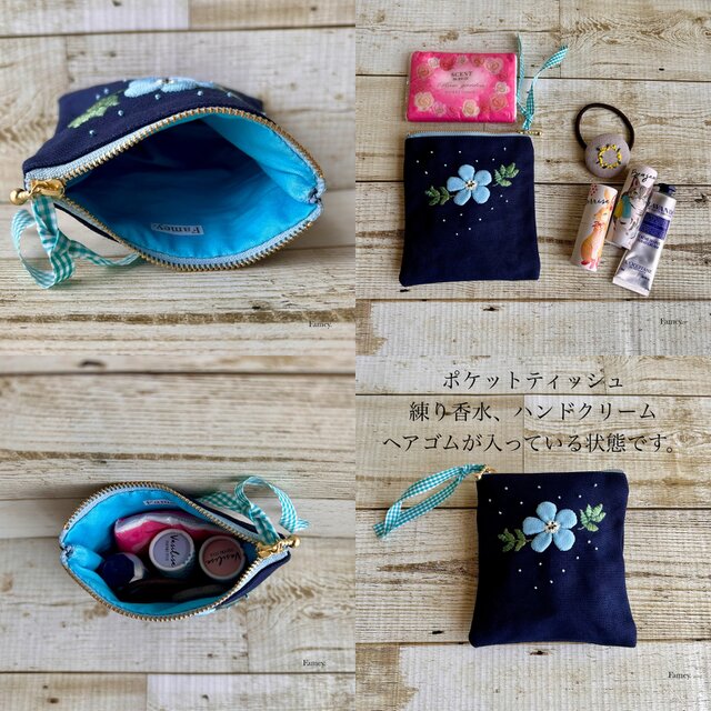 handmade✤ポケットティッシュポーチ✤スモーキーな大人かわいい小花⚘⚘⚘ 大人かわいい手刺繍ネモフィラのポケットティッシュサイズポーチ 国産