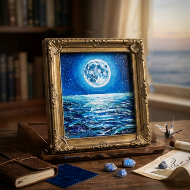 蒼の深淵に眠る光】デスクに飾る小さな油絵 / 青い海の幻想風景 ミニ