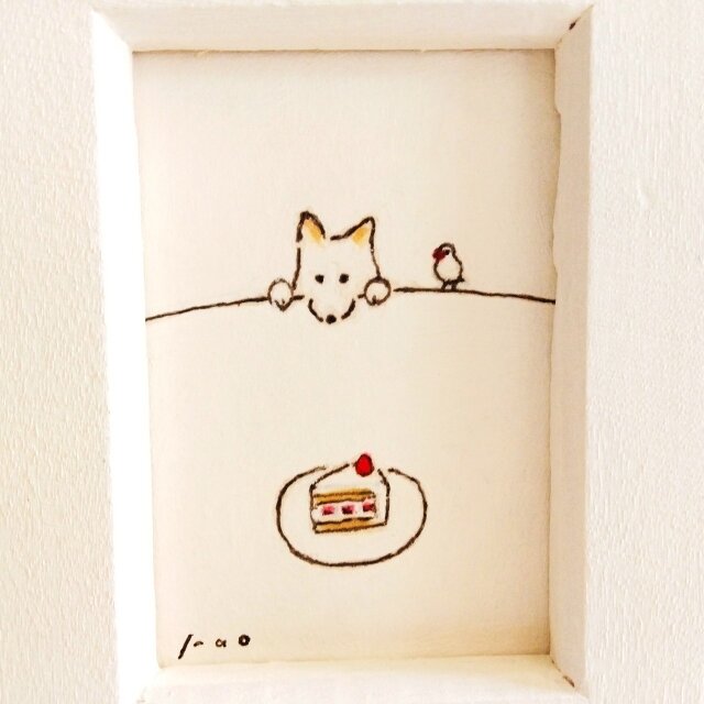 ミニ原画・イラスト】「苺のケーキ」 ※木製額縁入り 犬の絵・水彩