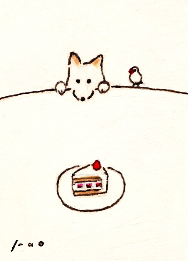 ミニ原画・イラスト】「苺のケーキ」 ※木製ミニ額入り 犬の絵・水彩