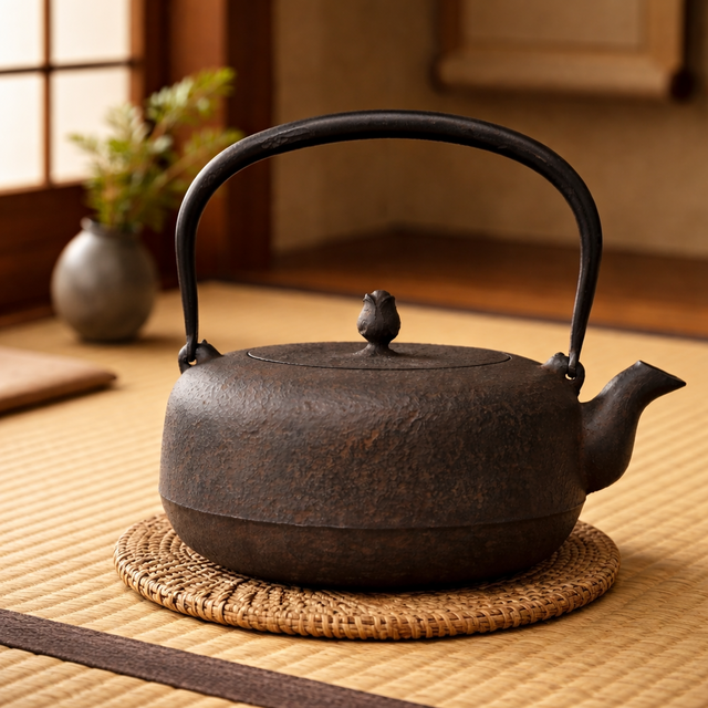 南部鉄器 鉄瓶 岩戸賢一郎作 平丸肌 1.6L 内面漆焼付・酸化被膜仕上
