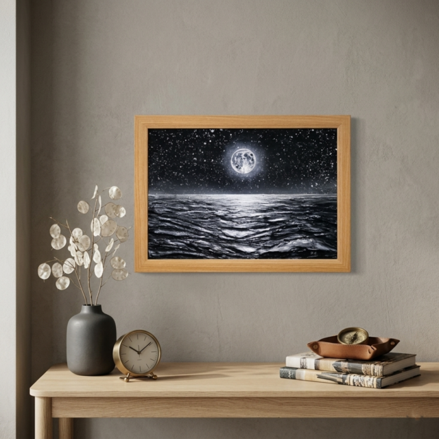 油絵 原画『月光の旋律』月 風景画 癒やし インテリア アート 額装込