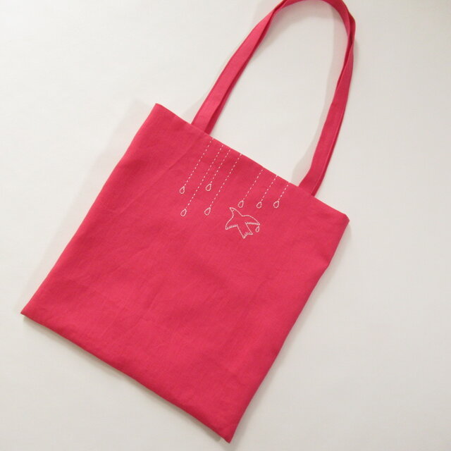 鳥さんの刺繍、リネンのミニバッグ ディープピンク | iichi 日々の
