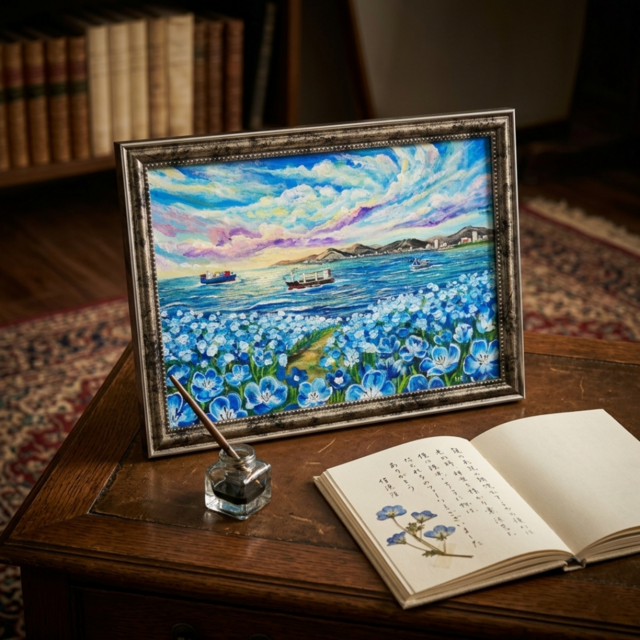 海風と、青い記憶】油絵 青い海と空 抽象画風 モダンインテリア 額縁