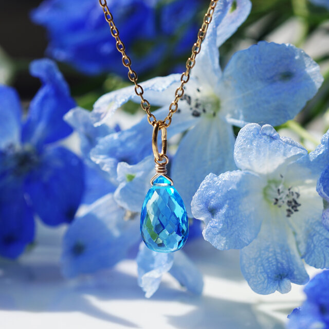 【Ruby】ブルースポットジャスパーの大粒リーフ彫刻ネックレストップ 極上大粒☆スイスブルートパーズの一粒ネックレス・スライドチェーン