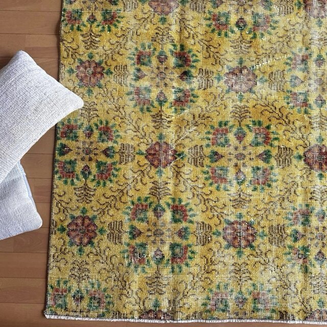 69×124ダークグレイ　オーバーダイ　ボタニカル　トルコヴィンテージラグ 貴重 春イエロー116×208 ボタニカル オーバーダイ トルコヴィンテージ