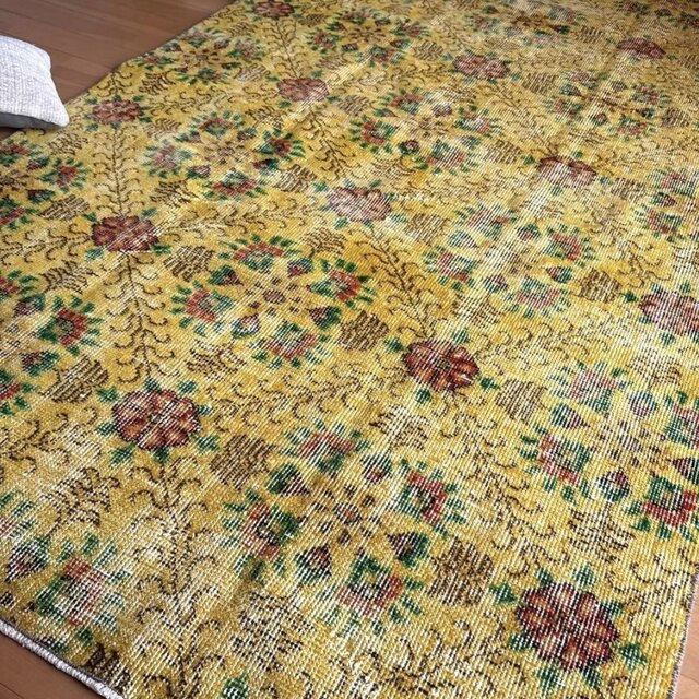 貴重 春イエロー116×208 ボタニカル オーバーダイ トルコヴィンテージ