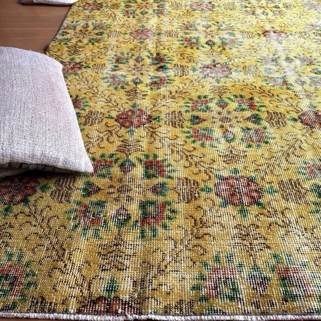 貴重 春イエロー116×208 ボタニカル オーバーダイ トルコヴィンテージ