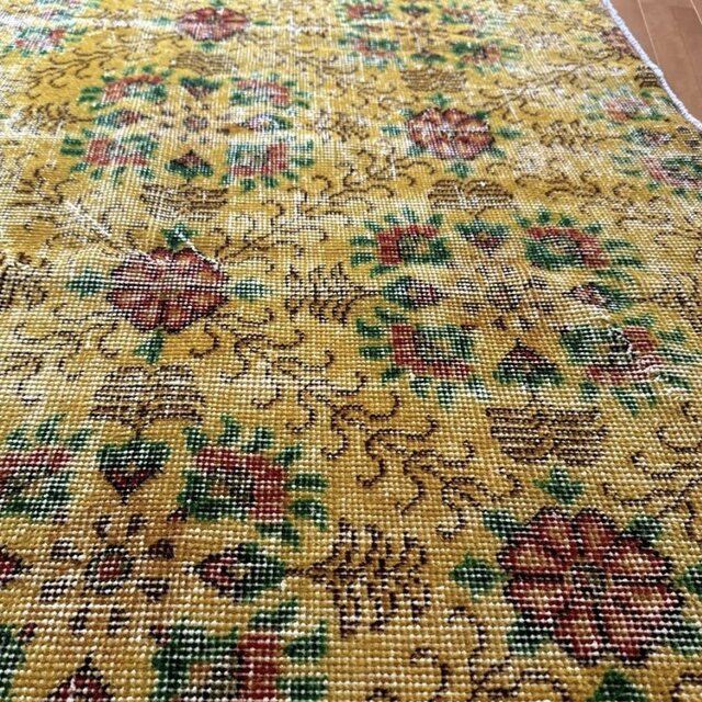 Antiques&Crafts880 ヴィンテージトルコラグイエローオーバーダイ 貴重 春イエロー116×208 ボタニカル オーバーダイ トルコヴィンテージ