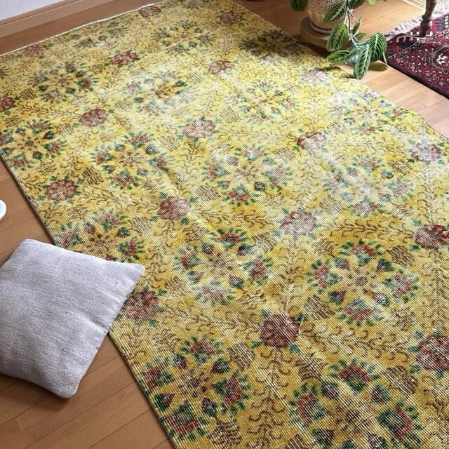 貴重 春イエロー116×208 ボタニカル オーバーダイ トルコヴィンテージ