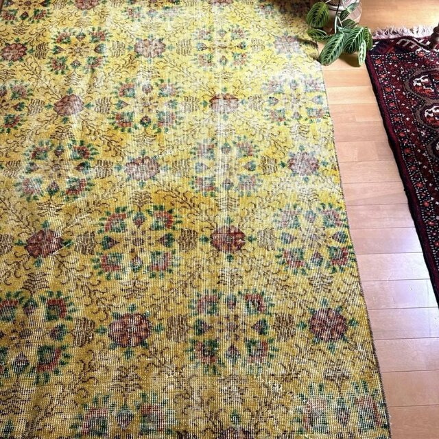 貴重 春イエロー116×208 ボタニカル オーバーダイ トルコヴィンテージ