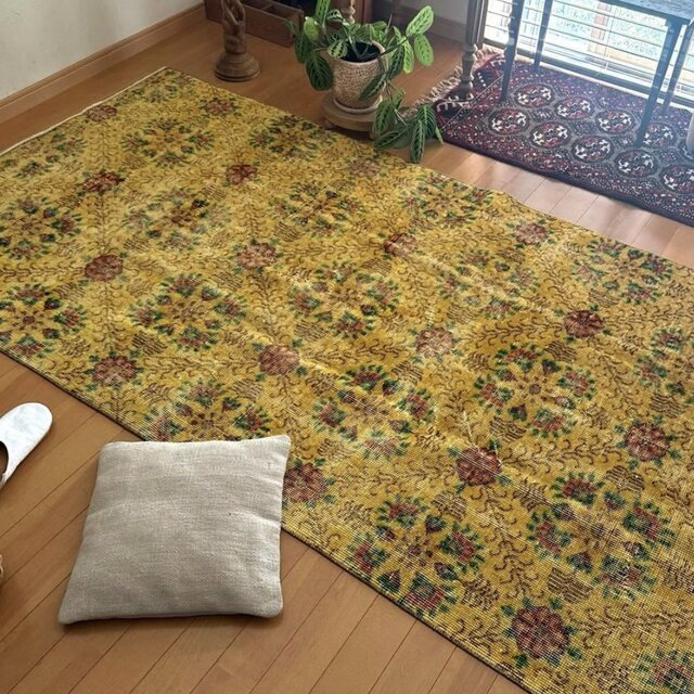 114×218 ボタニカルナチュラルカラー　トルコヴィンテージラグ 貴重 春イエロー116×208 ボタニカル オーバーダイ トルコヴィンテージ