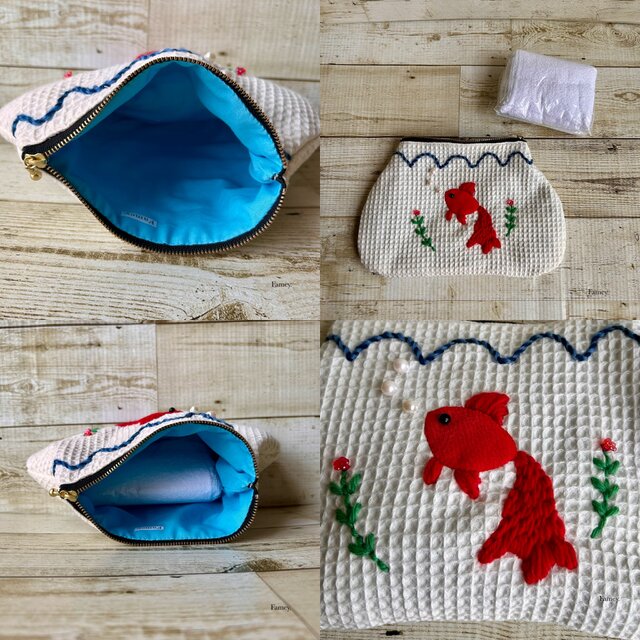 【ちゃあちゃん】 キナリ生地　数字の手刺繍 ファスナーポーチ　ハンドメイド 大人かわいい手刺繍金魚ちゃんポーチ ワッフル生地 コットン 小物入れ