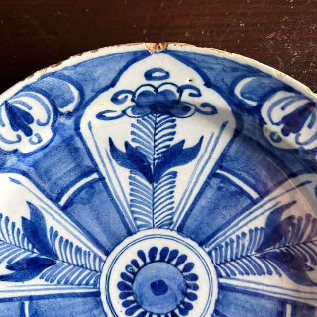 18世紀 Delft デルフト 青絵 絵皿 平皿 22.2cm アンティーク 0502571