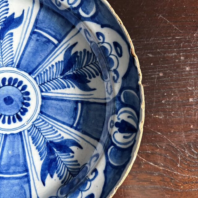 18世紀 Delft デルフト 青絵 絵皿 平皿 22.2cm アンティーク 0502571