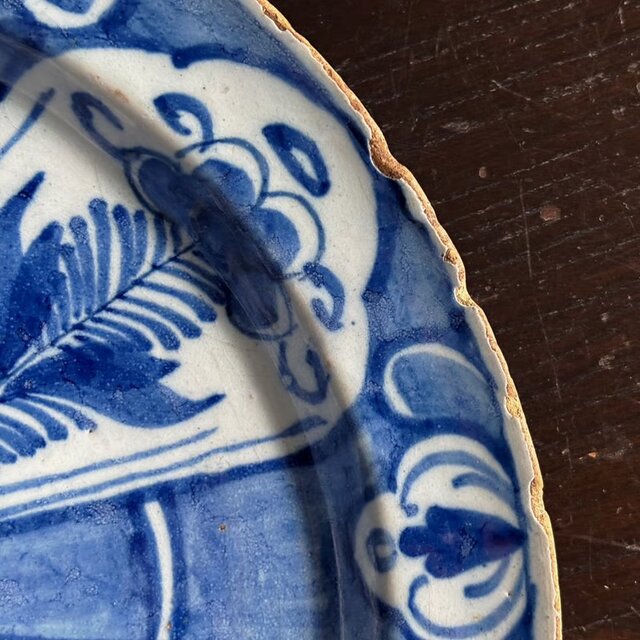 18世紀 Delft デルフト 青絵 絵皿 平皿 22.2cm アンティーク 0502571