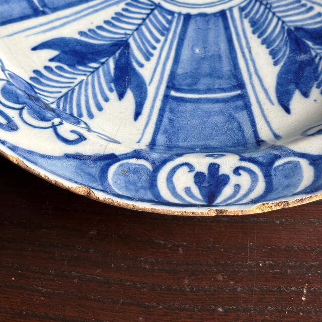 18世紀 Delft デルフト 青絵 絵皿 平皿 22.2cm アンティーク 0502571