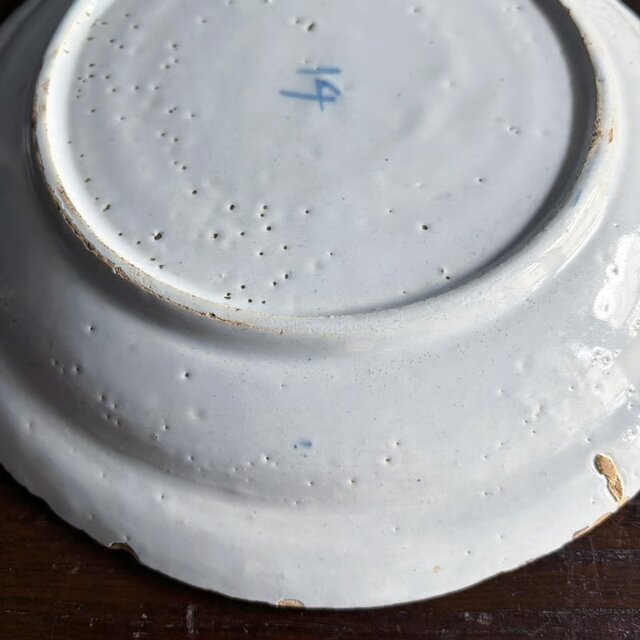 18世紀 Delft デルフト 青絵 絵皿 平皿 22.2cm アンティーク 0502571