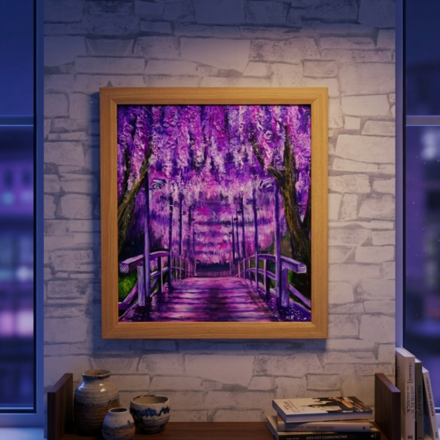 藤の橋」初夏の訪れを告げる油絵・原画：藤棚と太鼓橋の風景画（色紙