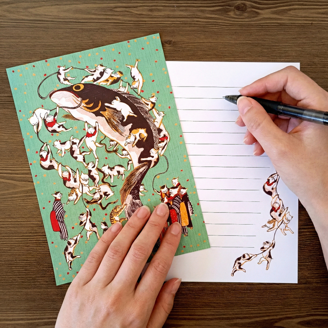浮世絵「ねこのたハむれ」レターセット 鯰絵と猫の和風便箋 ｜ 若竹色