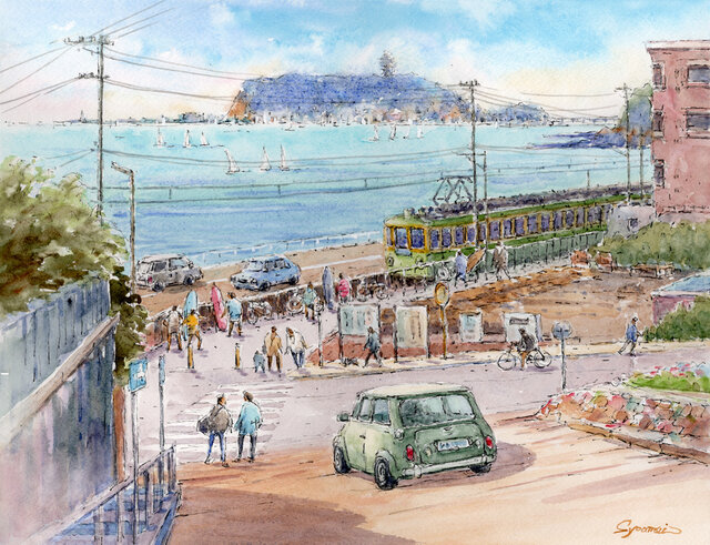 【原画販売】水彩画『帝江』 水彩画原画 湘南日和・江の島と江ノ電 ＃728 | iichi 日々の暮らしを