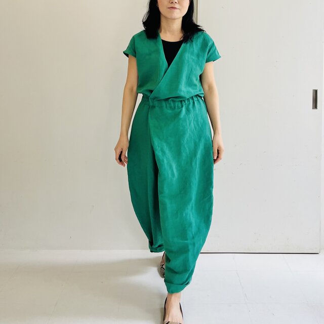 サリー 簡単着用 ワンタッチ Fabindia グリーン系 クロスフロントサロペット(グリーン) | iichi 日々の暮らしを心地よく