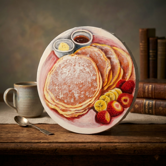 至福のひととき。甘い香りに包まれるパンケーキの油絵 カフェ風