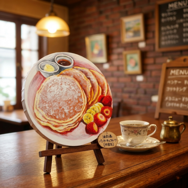 至福のひととき。甘い香りに包まれるパンケーキの油絵 カフェ風