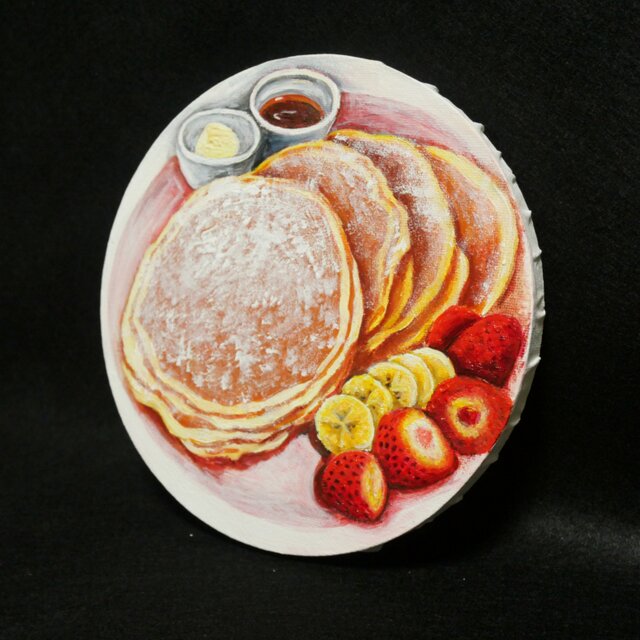 至福のひととき。甘い香りに包まれるパンケーキの油絵 カフェ風
