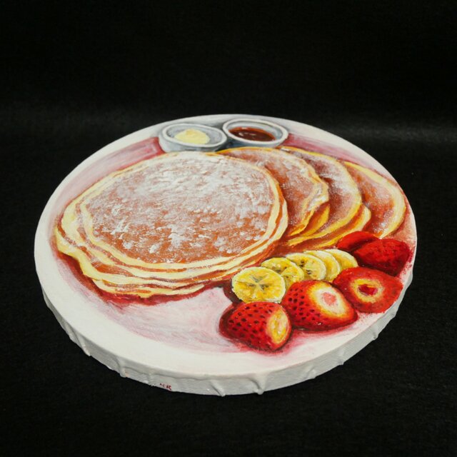 至福のひととき。甘い香りに包まれるパンケーキの油絵 カフェ風