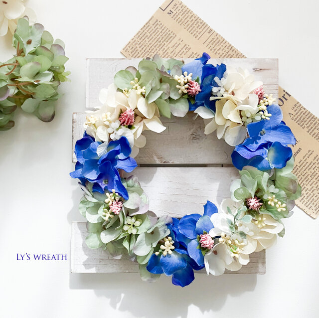 紫陽花リース◇ハーフリース◇プレゼント ブルー＆アースカラーの紫陽花リース | iichi 日々の暮らしを心地よく