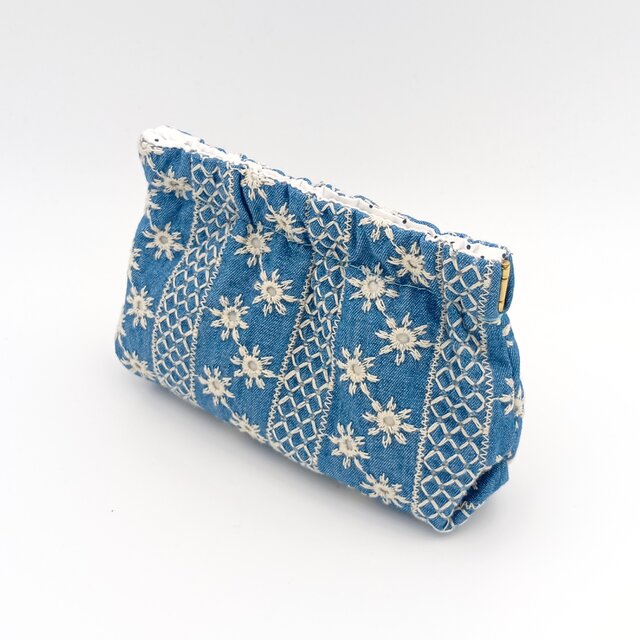 刺繍 バネ口ポーチ 大きめ13cm口金 パックンポーチ ダンガリーブルー