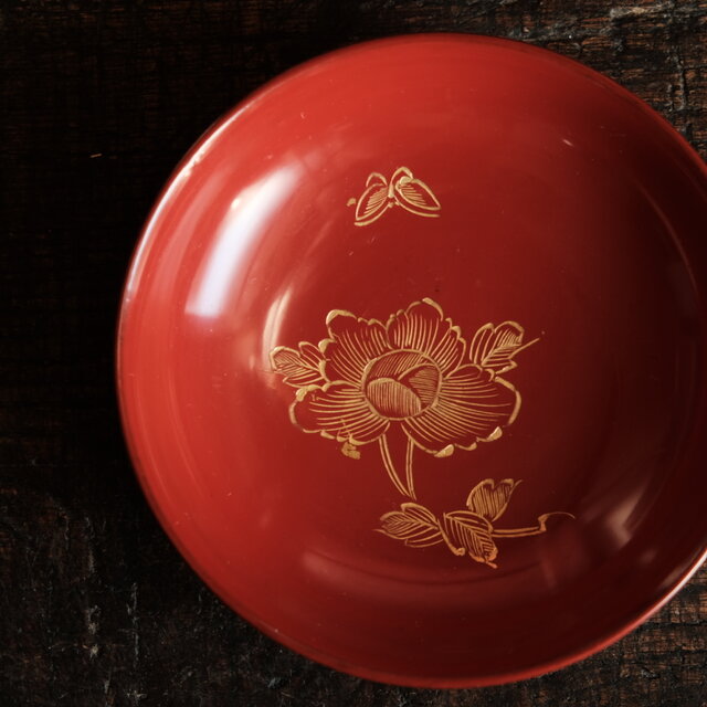 花と蝶々◇古輪島塗 花蝶文沈金小皿 漆器 骨董/antiques 古民家 菓子皿