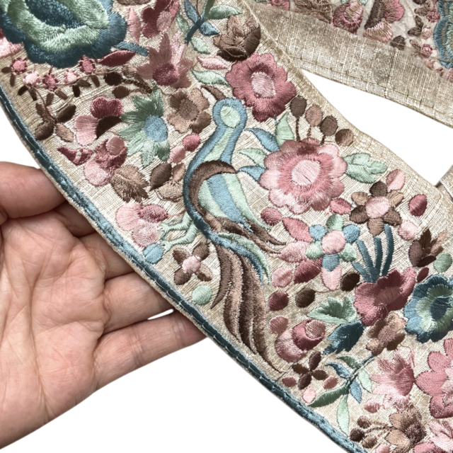 インド刺繍リボン50cm切り売り 鳥とお花 ピンク 8.8cm幅 バード とり