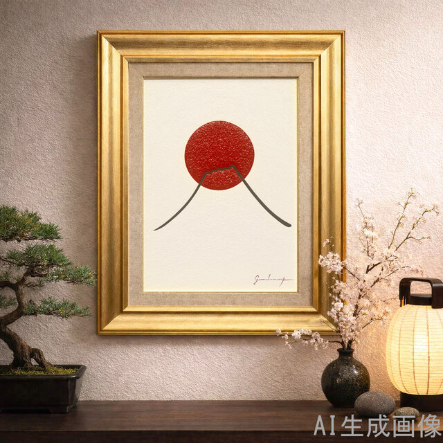 日の丸の太陽と富士山』○がんどうあつし 絵画肉筆油絵原画 シンプル