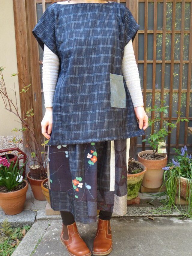着物リメイク☆紺格子紬でフレンチ袖カジュアルチュニック