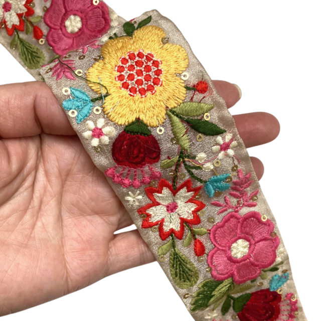 インド刺繍リボン50cm切り売り 黄＆桃フォークロア フラワー 5.3cm幅